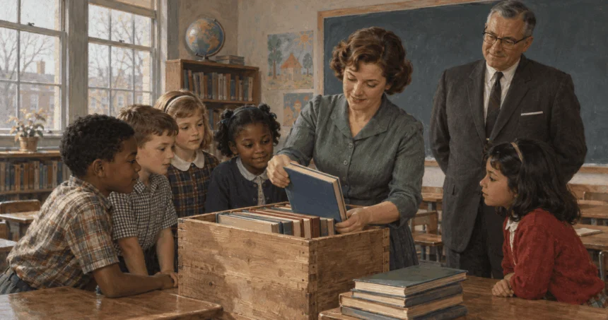 A teacher introduces new books in a mid-century public classroom.
