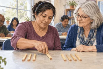 Conceptual watercolor of an adult learner arranging counting rods with an instructor.