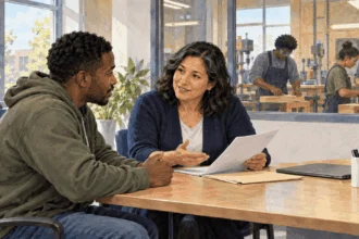 Conceptual painting of a job seeker discussing training options at a workforce center.