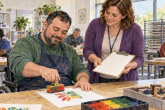 Adult using a wheelchair explores print-shop training with a vocational counselor.