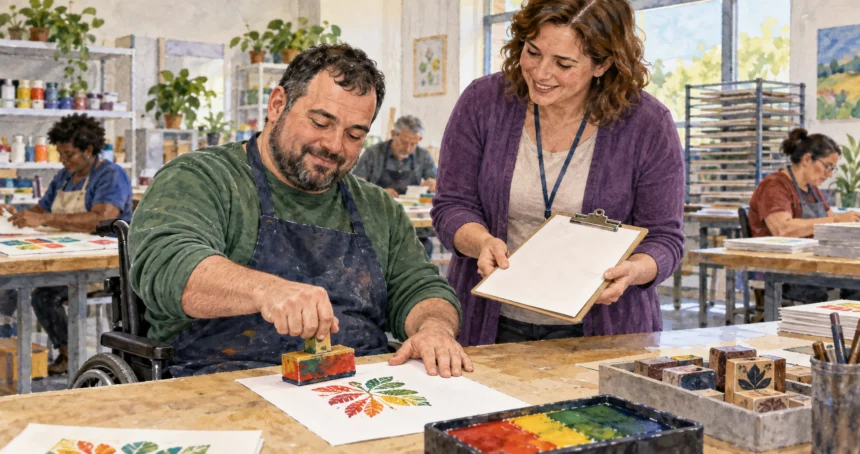 Adult using a wheelchair explores print-shop training with a vocational counselor.