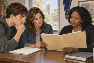 Conceptual painting of a student and parent reviewing college records with an adviser.