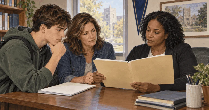 Conceptual painting of a student and parent reviewing college records with an adviser.