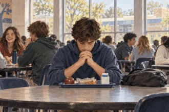 Student pauses for private prayer at a public school lunch table while classmates continue their day.