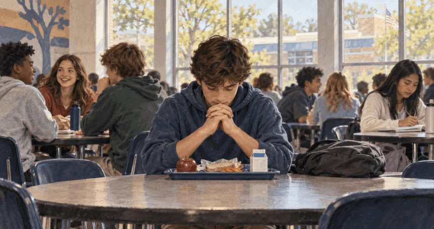 Student pauses for private prayer at a public school lunch table while classmates continue their day.