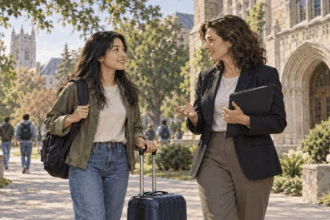 Conceptual painting of a student asking an adviser about campus life.