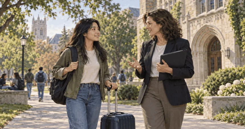 Conceptual painting of a student asking an adviser about campus life.
