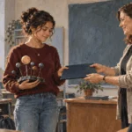 Conceptual painting of a student receiving recognition from a teacher while holding a handmade science model.