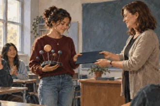 Conceptual painting of a student receiving recognition from a teacher while holding a handmade science model.