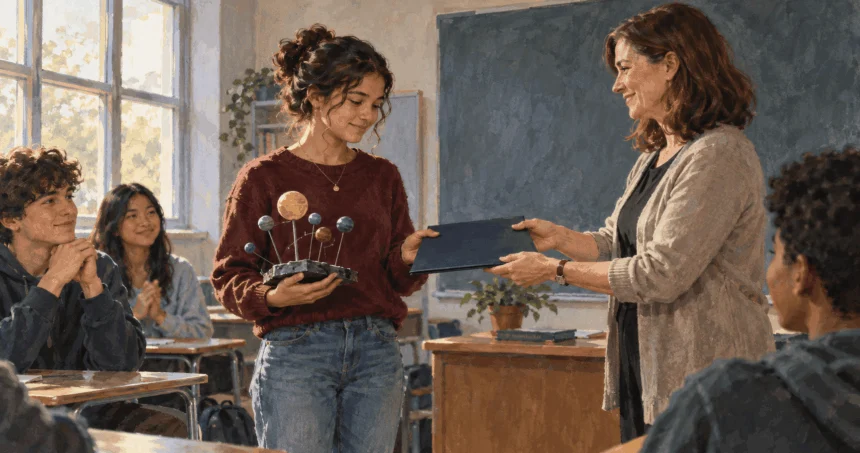Conceptual painting of a student receiving recognition from a teacher while holding a handmade science model.