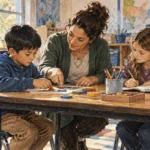 Conceptual painting of a teacher guiding students through a classroom learning exercise.
