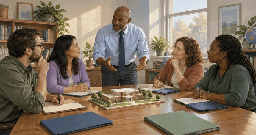 Conceptual painting of school administrators planning resources together.