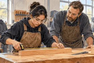 Conceptual painting of a vocational student practicing a trade skill with an instructor.