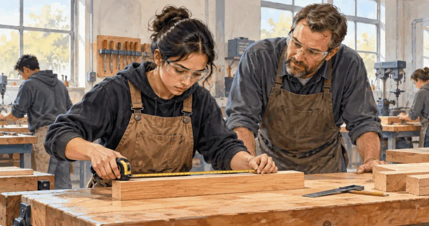 Conceptual painting of a vocational student practicing a trade skill with an instructor.