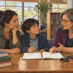 Painted illustration of a parent, child and librarian exploring education resources.