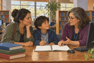 Painted illustration of a parent, child and librarian exploring education resources.
