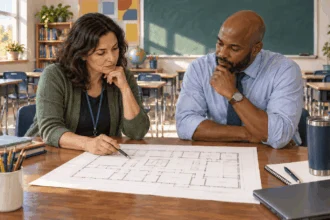 Conceptual painting of educators discussing a school floor plan.