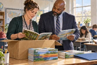 Conceptual painting of educators reviewing classroom supplies and a grant-planning folder.
