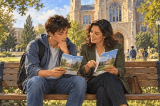 Painted illustration of a student and adviser comparing college information.