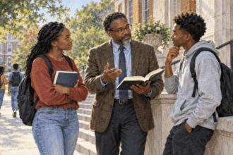 Conceptual painting of a professor and students talking on an HBCU campus.