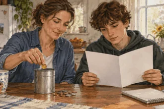 Conceptual painting of a parent setting aside education savings with a teenager.