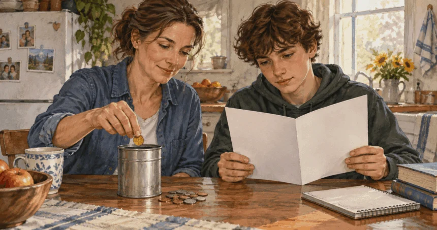 Conceptual painting of a parent setting aside education savings with a teenager.