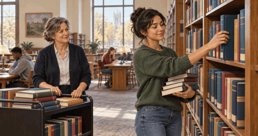 Conceptual painting of a student working a campus library shift.