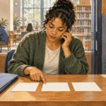 Conceptual watercolor of a borrower considering blank loan-option cards during a phone call.