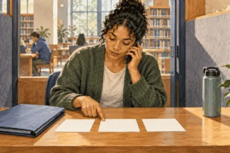 Conceptual watercolor of a borrower considering blank loan-option cards during a phone call.