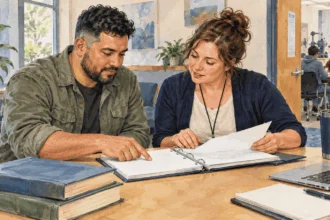 Conceptual painting of a former service member and a college adviser reviewing course materials at a campus table.
