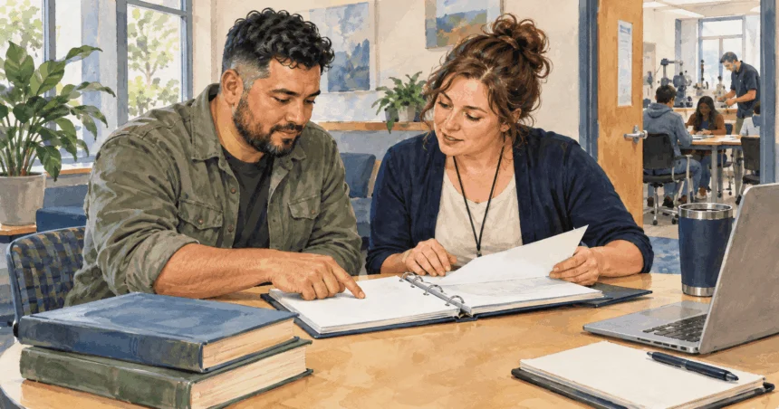 Conceptual painting of a former service member and a college adviser reviewing course materials at a campus table.