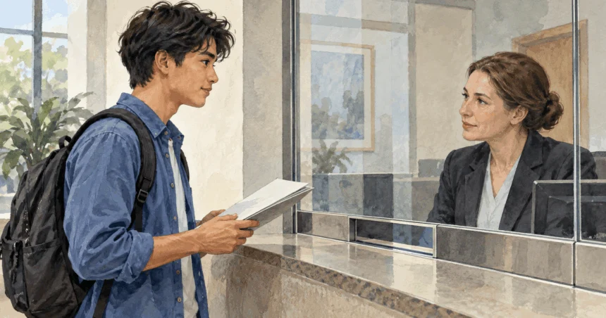 Conceptual painting of a student holding a document packet while speaking to a clerk at a service window.