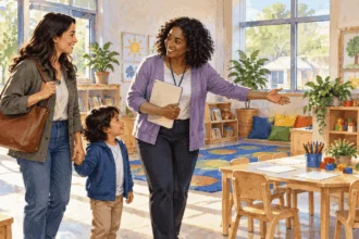 Conceptual painting of a family visiting an early-learning classroom.