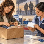Conceptual painting of service member’s family member carefully packs a parcel at a post-office counter while a postal clerk checks the address layout on a blank label.