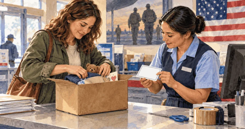 Conceptual painting of service member’s family member carefully packs a parcel at a post-office counter while a postal clerk checks the address layout on a blank label.