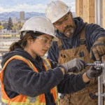 Apprentice electrician fits conduit while an experienced worker supervises.