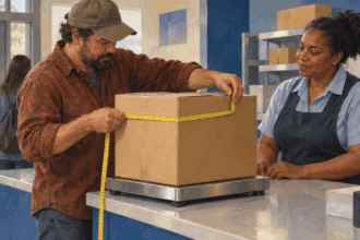 Conceptual painting of a shipper measuring a large parcel at a postal counter.