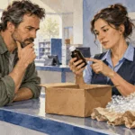 Conceptual watercolor painting of customer and clerk examine a bottle and packing materials.