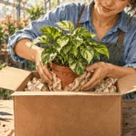 Painted illustration of a nursery worker carefully packing a potted plant in a shipping box.