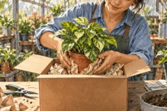 Painted illustration of a nursery worker carefully packing a potted plant in a shipping box.