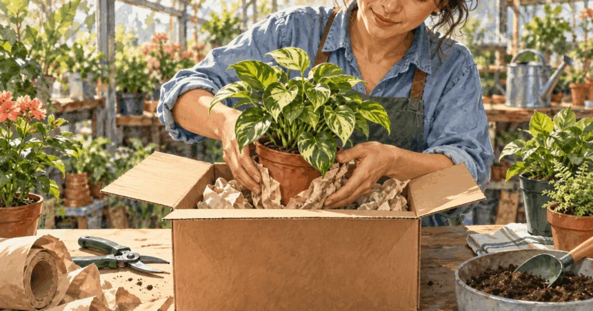 Painted illustration of a nursery worker carefully packing a potted plant in a shipping box.