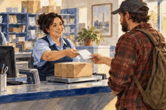 A postal worker hands a parcel receipt to a customer at a counter.