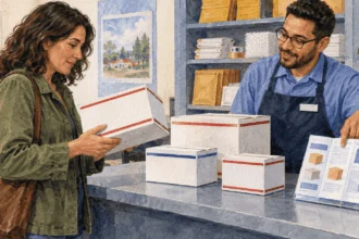 Conceptual painting of a postal customer comparing shipping boxes.