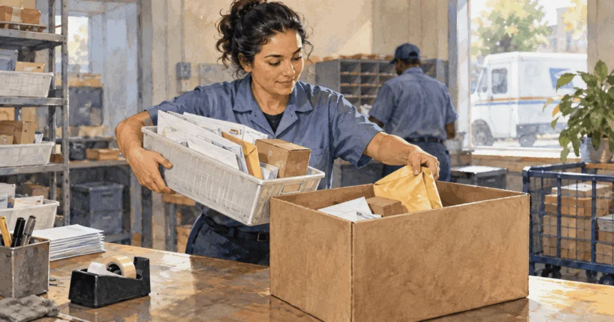 Conceptual painting of a postal worker packing gathered mail into a forwarding box.