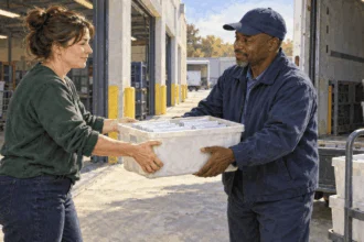 Conceptual painting of a business clerk collecting bulk mail at a postal window.