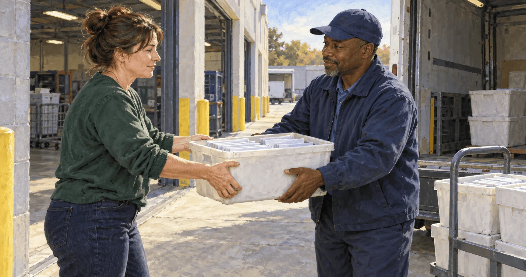 Conceptual painting of a business clerk collecting bulk mail at a postal window.