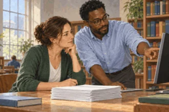 Conceptual painting of an educator and researcher exploring studies.