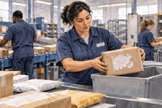 Conceptual painting of a postal worker checking a parcel with a damaged label.
