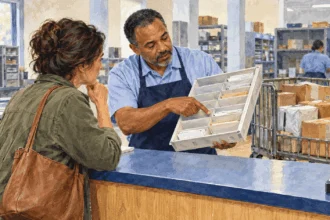 Painted illustration of a customer asking a postal clerk about a delayed parcel.