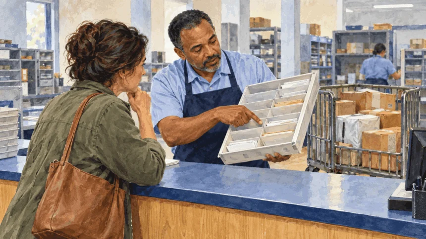 Painted illustration of a customer asking a postal clerk about a delayed parcel.